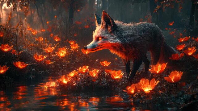 A mystical scene depicts a fox with glowing eyes amongst fire-lit flowers reflected in water