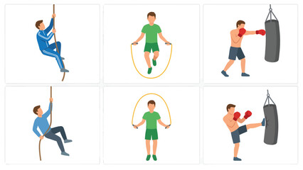 Fototapeta premium Fitness Activities Vector Set: Climbing, Jumping Rope, Boxing, Kickboxing