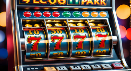 Winning slot machine payout with coins spilling out and flashing lights celebrating jackpot win, close up of reels showing triple seven and bright