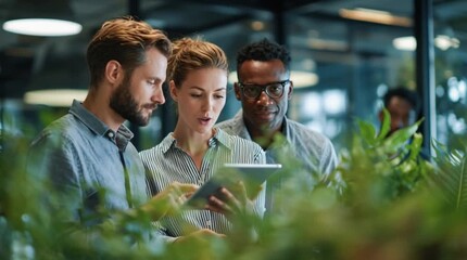 Diverse business colleagues collaboratively reviewing data on a tablet device in a modern, plant-filled office space, highlighting innovative teamwork and technology integration - Powered by Adobe