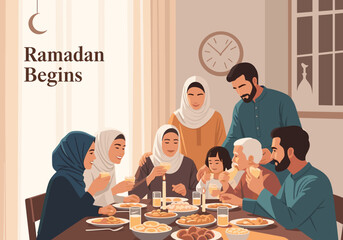 A heartwarming illustration of women sharing a meal during Ramadan. Ideal for greetings, festive promotions, and content related to cultural holidays  © Gilang