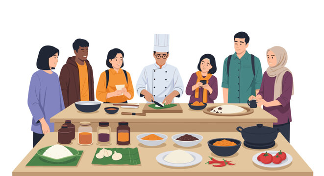 A cheerful illustration depicting people browsing a food stall, conveying a sense of community and culinary exploration. Ideal for food blogs, tourism