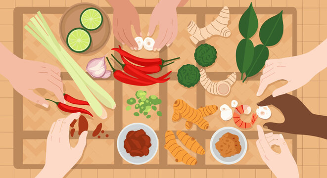 A vibrant, flat-lay illustration of hands preparing ingredients for Thai cooking, ideal for food blogs, recipes, or marketing Southeast Asian culinary