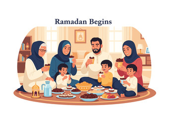 A heartwarming illustration of a family breaking fast during Ramadan. Perfect for seasonal greetings, cultural content, or representing togetherness a © Gilang