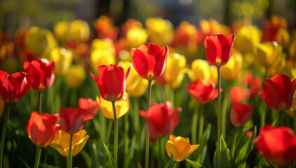 A vibrant field of red and yellow tulips swaying gently in sunlight