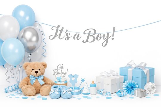 A perfect setup for It's a boy! gender reveal party, blue and solver balloons, teddy bear, presentes boxes and baby boy belongings, baby shower