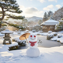 庭園にあるかわいい雪だるま。日本庭園、公園、お寺や神社。写真