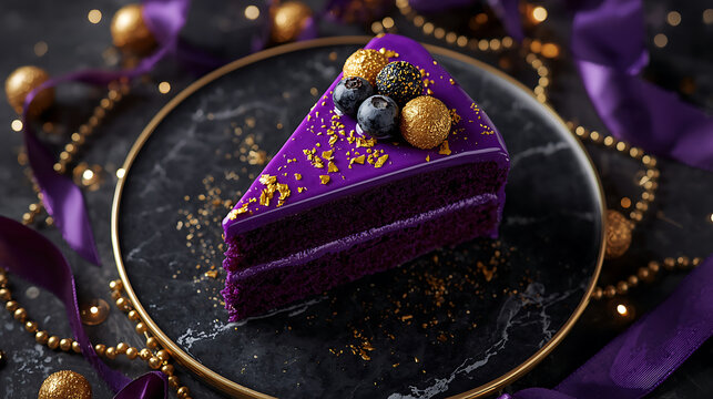elegant purple cake slice with blueberries and gold decorations festive dessert styling