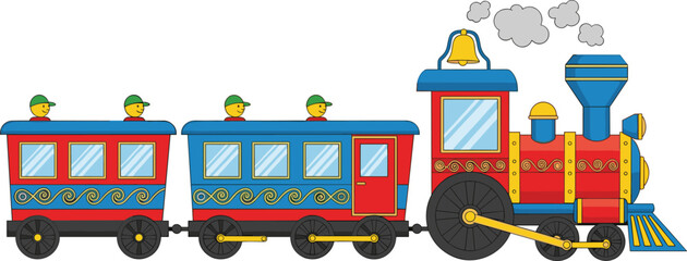 Cute cartoon train illustration, colorful steam locomotive with wagons, kids transportation concept, playful toy train design, isolated white background © Ayejoddin