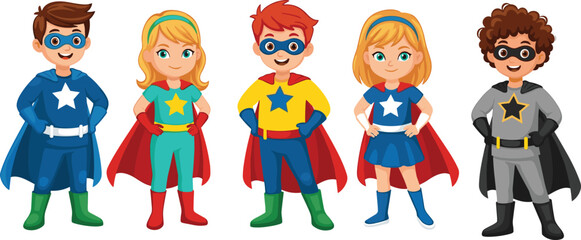 Cute cartoon superhero kids team standing together, diverse boys and girls hero characters, colorful children illustration, fun mascot vector