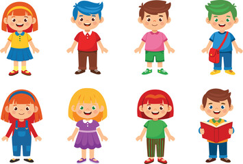 Cute kids cartoon character set, diverse children illustration collection, happy boys and girls, playful design, education friendly vector style
