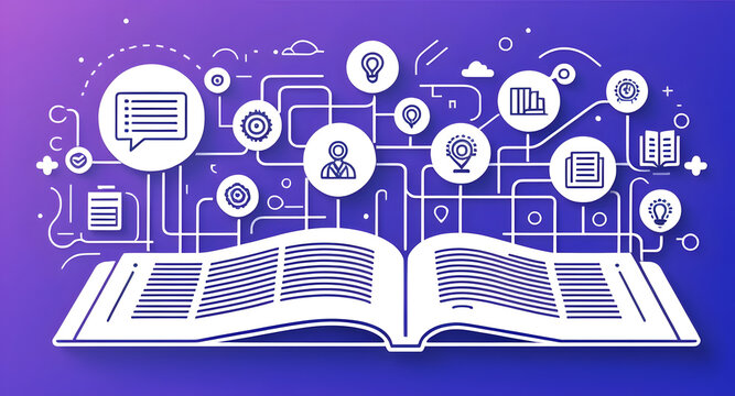 Edtech personalized learning open book with connected icons showing learning paths idea nodes and study tools conveying adaptive education