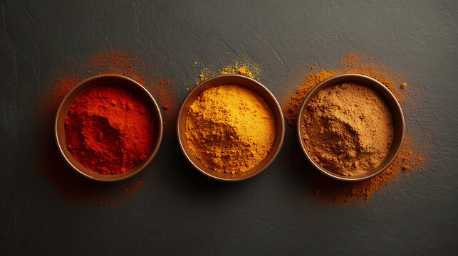 paprika turmeric cumin in rustic bowls vibrant cooking spices food texture display