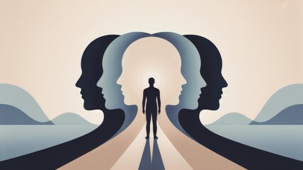 Fototapeta premium Stylized illustration of a person standing in a tunnel formed by abstract human profiles
