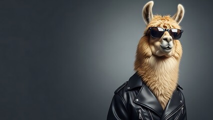 Obraz premium Cool Llama Animal Wearing Sunglasses And Leather Jacket Stock Photo Portrait Style Fashionable Alpaca Animalistic Character In Clothes Amazing Design