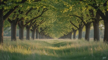 Tree-lined avenue with lush green foliage and sunlight streaming through the canopy onto a grassy path