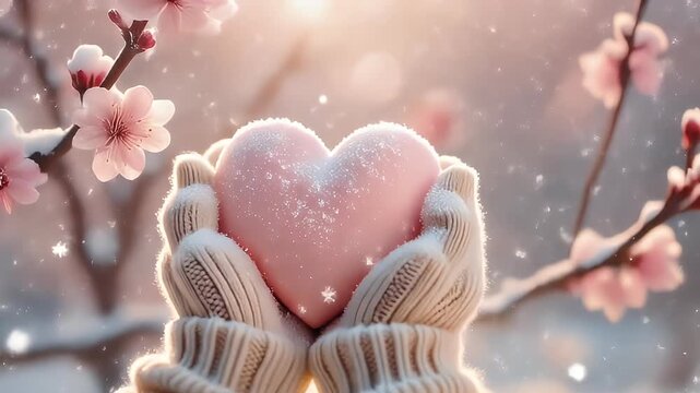 Holding pink heart in snow with cherry blossom flowers. Poetic winter romance concept with gloved hands and falling snowflakes for spring and winter transition.
