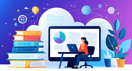 Edtech personalized learning online student laptop with books cloud computing and data visualization creating focused study routine and thoughtful