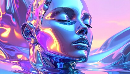 A metallic, serene head with closed eyes reflecting vibrant colors against a pastel sky