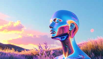 Reflective cyborg head gazes at sunrise over fields of tall grass and pastel sky