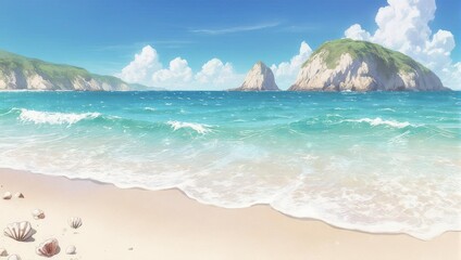 Serene Beach Scene with Turquoise Water and Distant Islands.