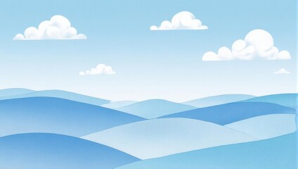 Serene Blue Landscape with Rolling Hills and Fluffy Clouds.