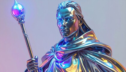 A metallic, androgynous figure with a staff, glowing in iridescent light