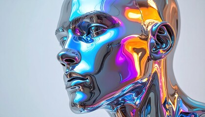 A metallic human head and shoulder reflect neon colors in a surreal futuristic style