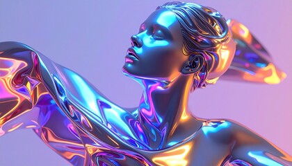 Metallic woman with flowing fabric, bathed in vibrant neon light against a blurred backdrop