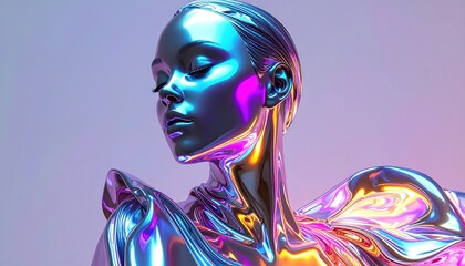 A serene, metallic woman with a reflective, holographic finish and closed eyes