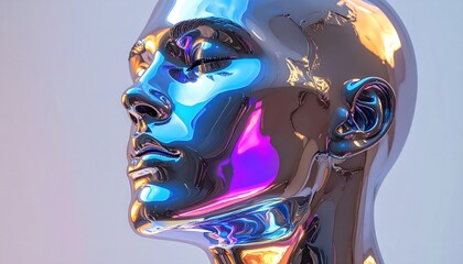 A close-up of a chrome head statue with vibrant reflections and soft gradient background