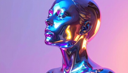 A reflective chrome-like human head profile, bathed in vibrant neon hues, pink & blue