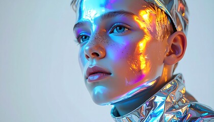 A child's portrait, bathed in neon light, metallic headwear reflecting colors, looking away