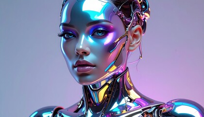 Metallic cyborg woman with bright eyes and makeup, looking forward, neon colors