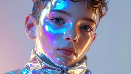 A close-up of a child's face with a futuristic metallic sheen, bathed in neon light