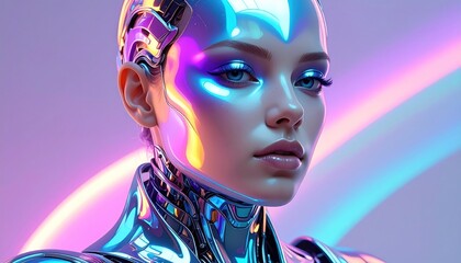A futuristic portrait of a female cyborg with glowing, reflective chrome and soft light