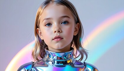 Portrait of a young child with silver robotic armor, rainbow lighting