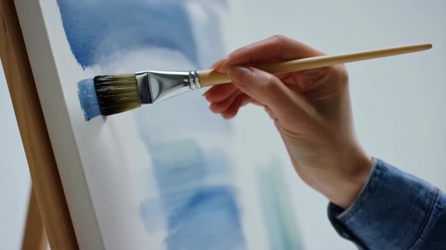 Artist painting on canvas with brush, creative art process closeup
