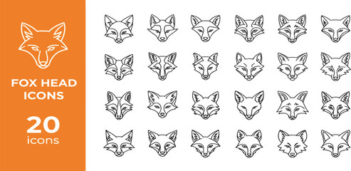 Collection of twenty different fox head icons displayed on a clean white background