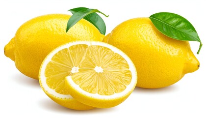 Fresh Lemons with Leaves and Sliced Lemon on White Background.