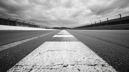 Racing track with finish line on a cloudy day