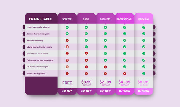 Modern pricing table user interface design featuring starter, basic, business, professional, and premium plans with price comparison layout