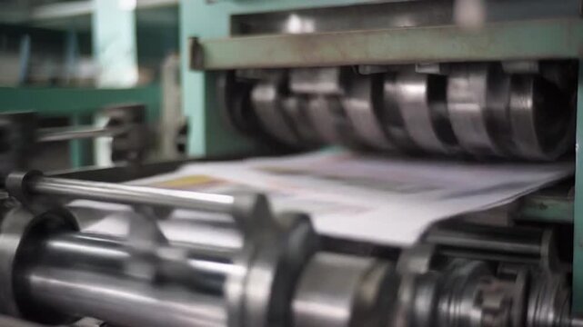 Close-up of a printing machine in operation, producing printed materials.