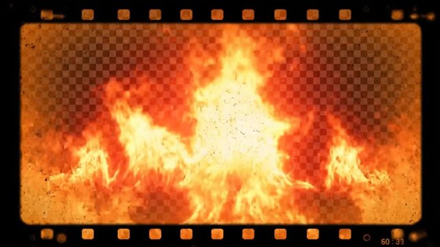 Fiery Blaze in Vintage Film Frames with Checkerboard Background and Grainy Texture