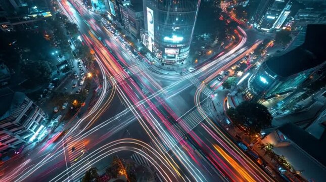 Abstract motion blur light trails over a busy highway intersection at night, conveying speed and urban energy