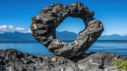 Unique rock formation shaped like a heart on a rocky shoreline