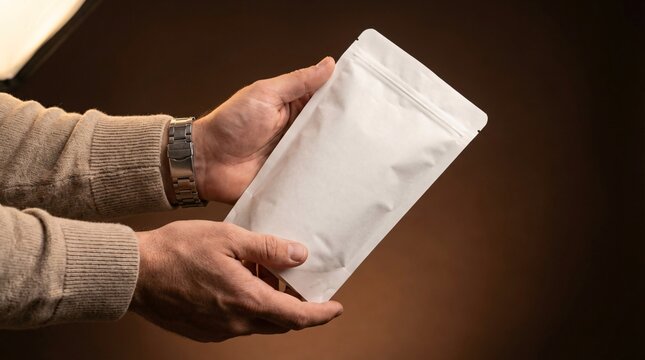 Hands holding a blank white doypack, ideal for product packaging mock-ups, coffee bag branding, and label design against a soft dark background
