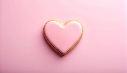 Obraz premium A single pink heart-shaped cookie with a golden brown outline on a pink background, perfect for celebrations of love or sweet treats