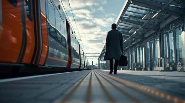 Man with briefcase walking on train station platform towards modern train, businessman commuting