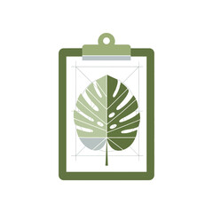 Green Design Clipboard with Monstera Leaf Diagram. Sustainable Planning, Botany Analysis, and Environmental Research Icon © Cak us